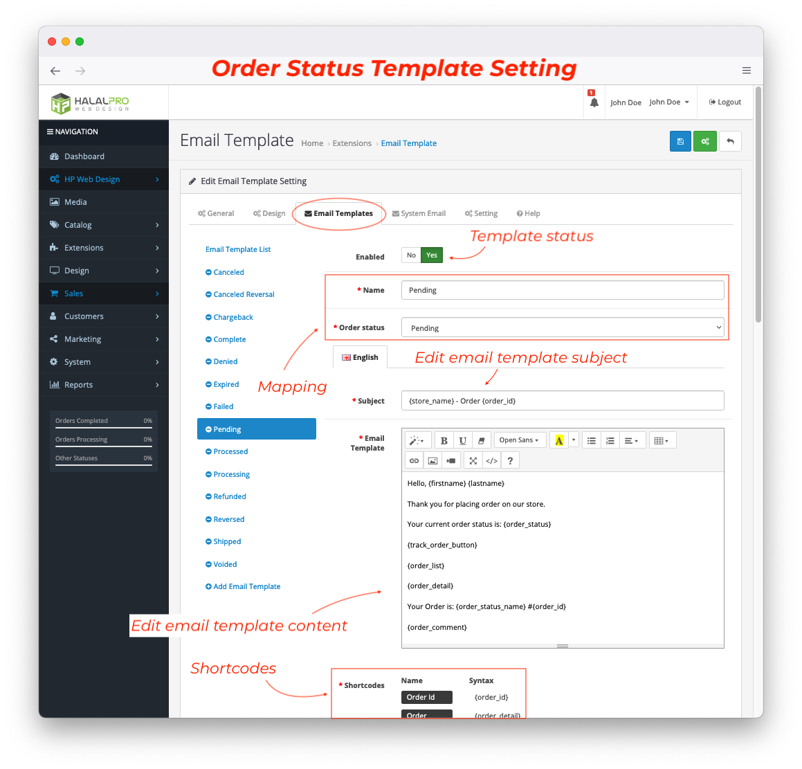 order status email template for opencart